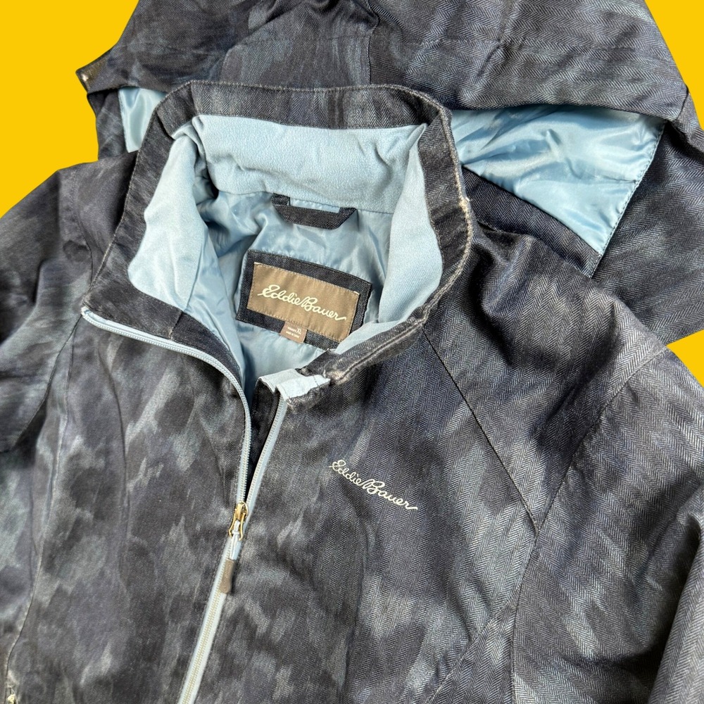 Eddie Bauer Jacket Womens XL WeatherEdge Insulated Hooded Blue Herringbone Ski